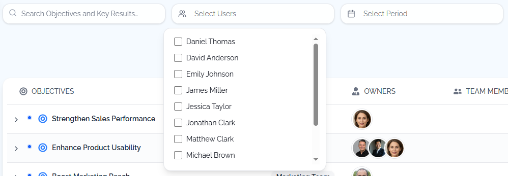 Smart filters for search, people, and period