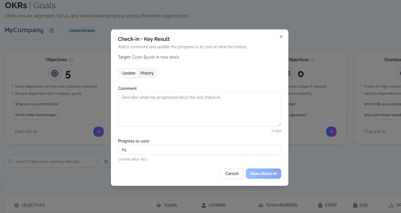 Check-in modal to update progress
