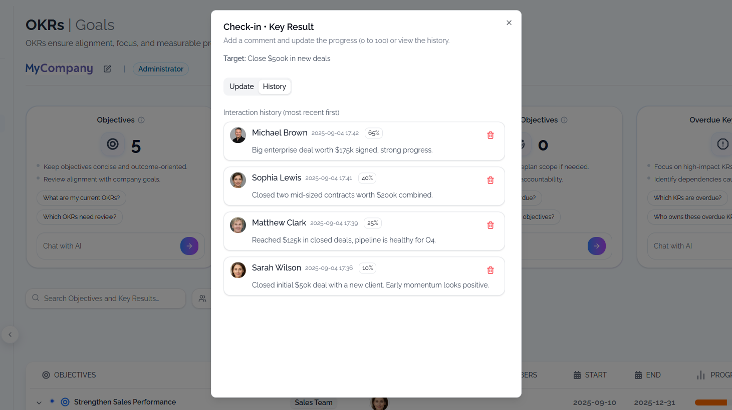 Check-in history and timeline